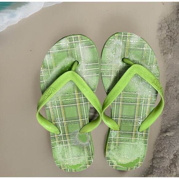 Vans Shoes Vintage Flip Flops Sandal Slip On Thongs Green Plaid Women Size 7 8 9 - Picture 1 of 6